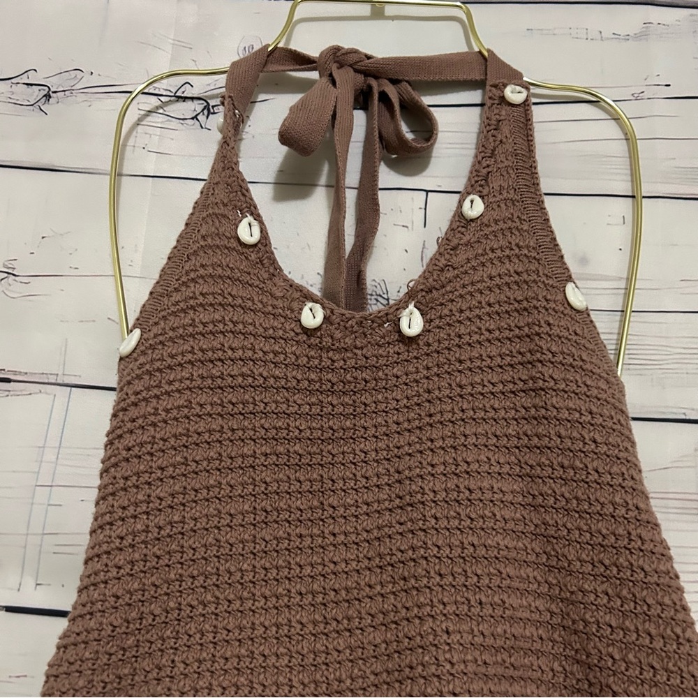 Sincerely Jules | Women's Crochet Knit Brown Halter Top With Shells Size M - Picture 2 of 8